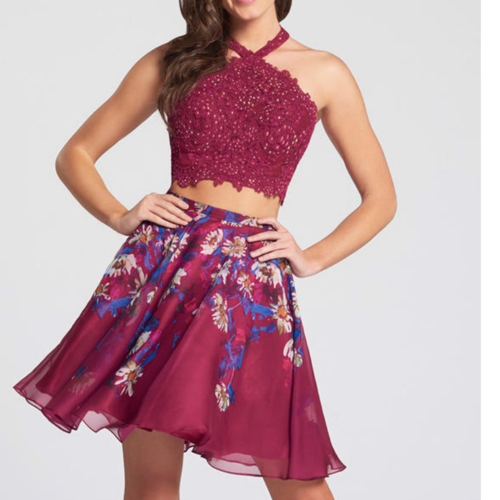 Ellie Wilde Maroon Floral Two-Piece Ensemble